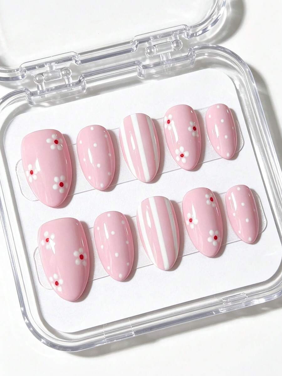 10PCS Minimalist Sweet Cute INS Hand-Painted Pink & White Polka Dot White Five-Petal Flower Short Almond Press-On Nails Vintage Fresh Short Fake Nail Tips - Pink - View 1