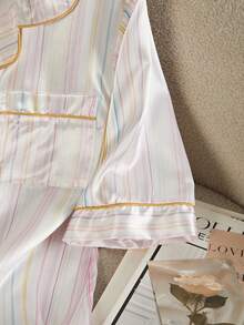 Summer Satin Casual Striped Print Lapel Front Button-Down Patch Pocket Short Sleeve Nightgown For Women, Suitable For Autumn - Multicolor - View 5