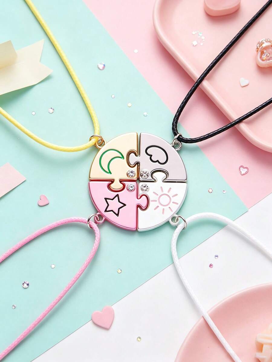 Back To School 4pcs/Set Colorful Sun Moon Star Nebula Pendant Necklace For Girls Best Friend Student Graduation Gift Suitable For Party Jewelry Friendship Necklace Gift - one-size - View 1