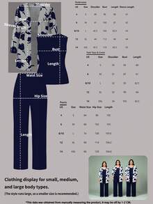 3件組女款極簡花卉印花套裝：夾克/開襟衫 + 無袖上衣 + 鬆緊腰直筒長褲，夏季優雅通勤套裝 - 藏蓝色 - 查看 7