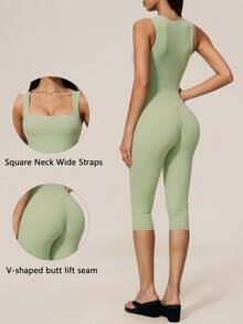 TimeOff Women's 1pc Solid Color Square Neck Thick Strap Waist-Cinching Athletic One-Piece Shorts - Green - View 11