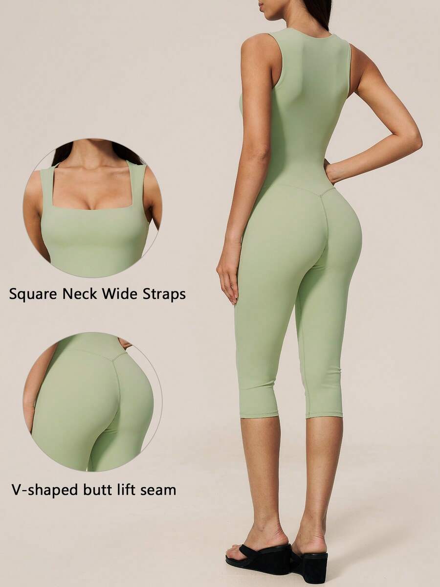 TimeOff Women's 1pc Solid Color Square Neck Thick Strap Waist-Cinching Athletic One-Piece Shorts - Green - View 1