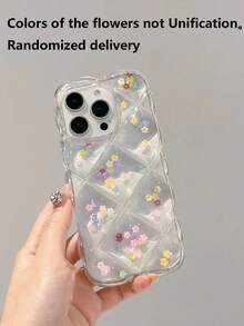 1pc Y2K Style Transparent Rhombus Phone Case, Silver Foil Glitter Wavy Edge Anti-Scratch Protective Shell, Suitable For All Models - Transparent Small Flower - View 5