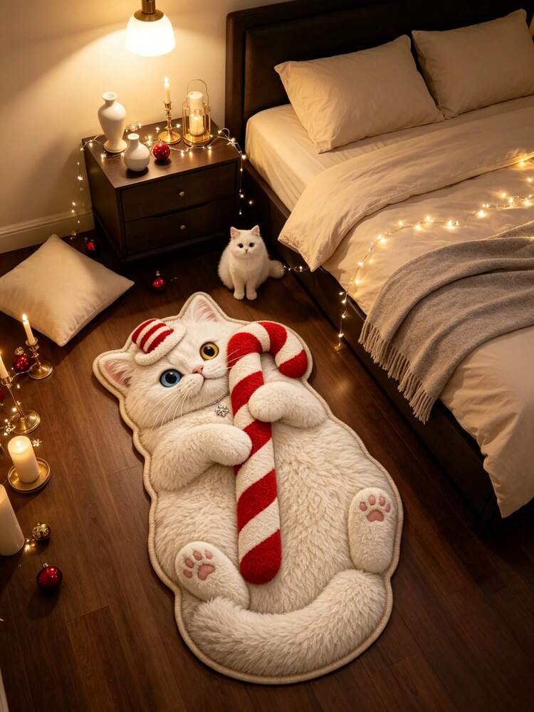 1 pieza Alfombra de piso con gato blanco y bastón de caramelo navideño, alfombra de sala de estar, alfombra de área, decoración del hogar, decoración de la habitación, alfombra lavable, regalo de Navidad - Gato blanco acostado con bastón de Navidad - Añade 2