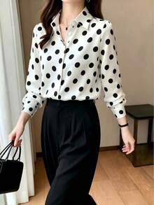 Elegant Design Polka Dot Pattern Shirt For Mature Women, Hong Kong Style - White - View 6