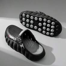 Men Women Smile Print Thick Sole Clogs, Adjustable Strap Hollow Out EVA Slip‑On Shoes, Non‑Slip Outdoor Beach Garden Slides - Black - View 2