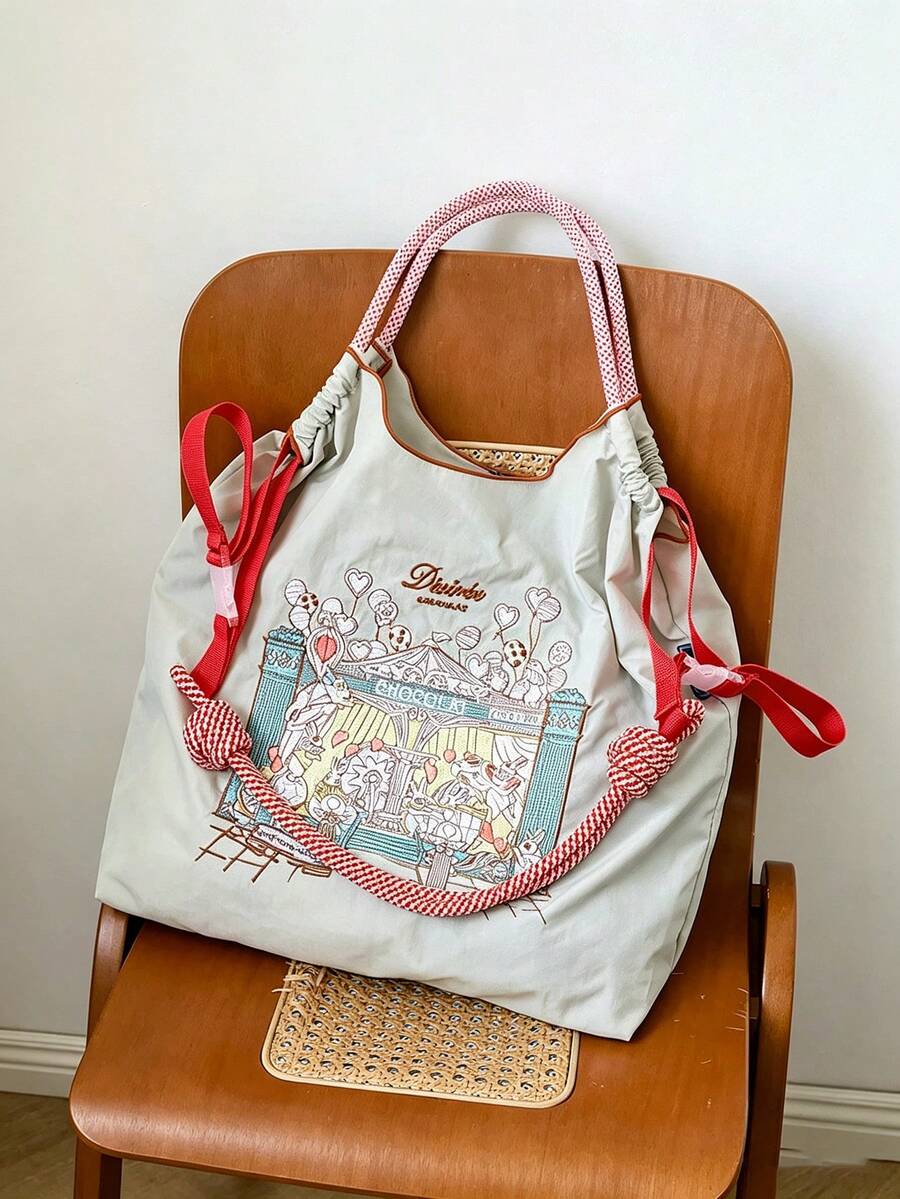 1pc New Embroidered Rabbit Circus Pattern Lightweight Nylon Large Capacity Shopping Bag, Party Travel Women's Shoulder Crossbody Tote Bag - Multicolor - View 1