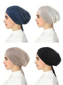 4pcs Lace Trim Tie-Up Base Caps - 1 Black + 1 Navy Blue + 1 Light Khaki + 1 Dark Khaki - View 2