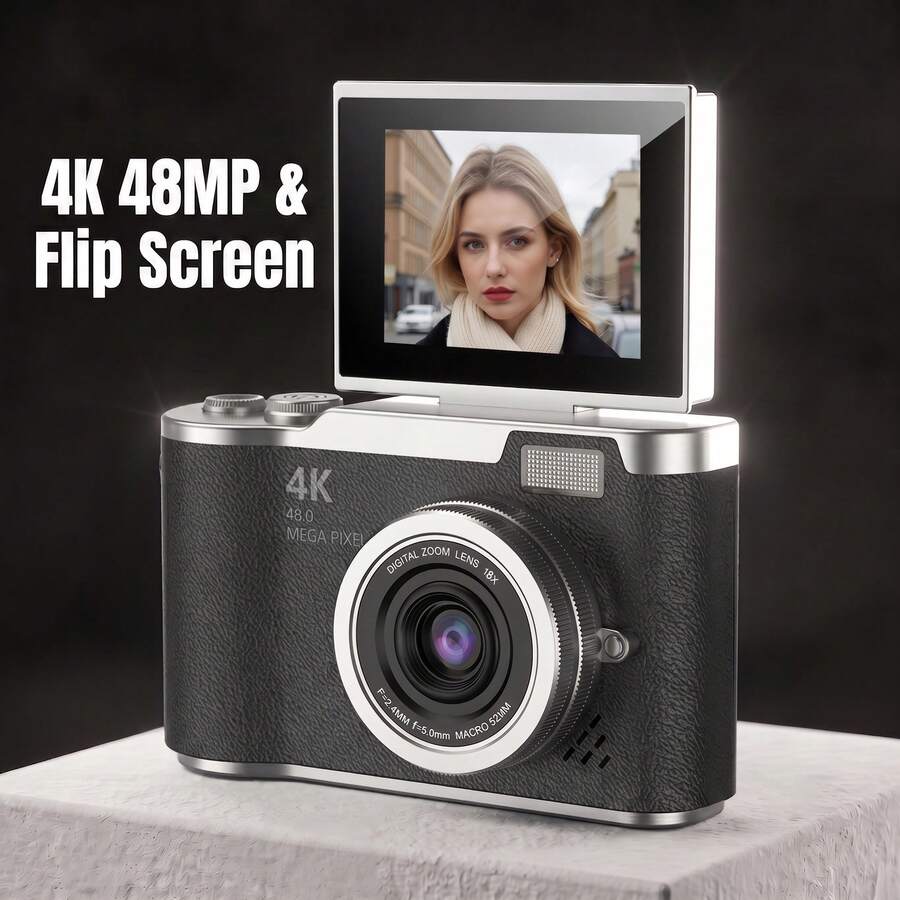 48MP Vlogging Camera 4K Portable Digital Camera With Flip Screen And Fill Light, Portable CCD Camera For Photography And Travel, Perfect Holiday Gift For Student Girls, 800mAh Battery, Long Battery Life
