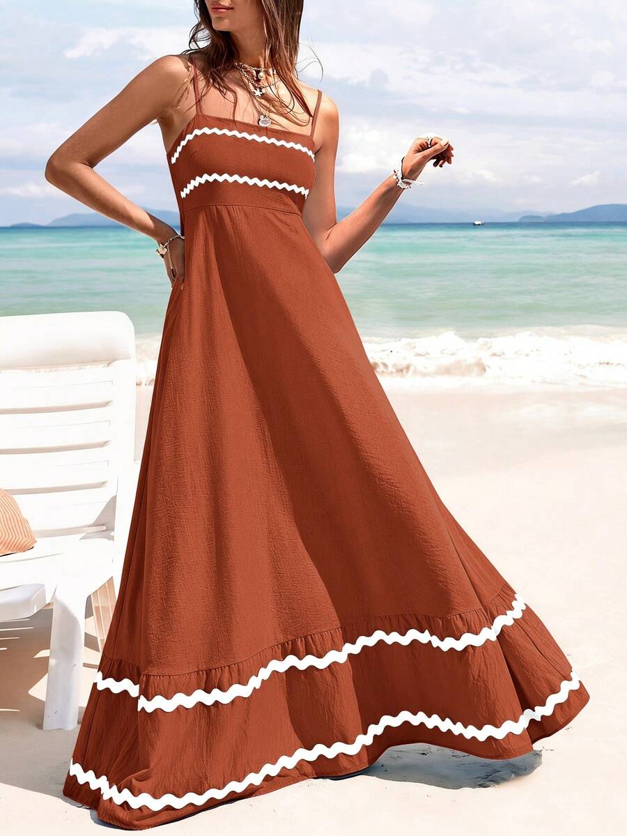 PRETTYGARDEN Women's Summer Flowy Maxi Dress Vestidos Casual Sleeveless Strap Ruffle Wedding Guest Graduation Beach Party Travel Vacation Long White Dresses - 鐵鏽色 - 查看 1
