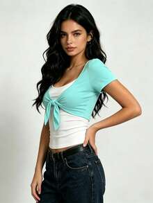 Women V Neck Crop Tops Solid Color Short Sleeve Slim Fit Tie Front T-Shirt - Green - View 2