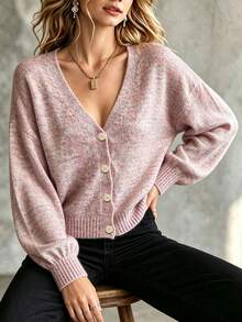 Women's V-Neck Single-Breasted Fall/Winter Soft Loose Gentle Lazy Knit Long Sleeve Cardigan – Tea Time Boutique Shopping Date Layering Versatile Basic - Mauve Purple - View 2