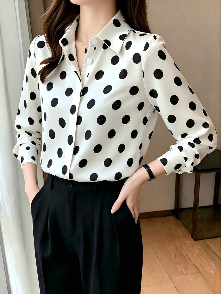 Elegant Design Polka Dot Pattern Shirt For Mature Women, Hong Kong Style - White - View 3