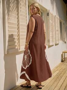 CAJUNI Black Floral Print A-Line Maxi Dress, Casual Vacation Wear, Plus Size, Spring/Summer Elegant - Multicolor - View 3