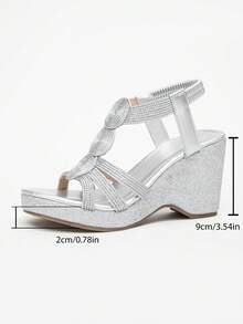 女款優雅銀色三重螺旋編織坡跟涼鞋，露趾彈性後帶亮片厚底設計，適合婚禮、派對、通勤、辦公室、夏季日常穿著 - 銀色 - 查看 7
