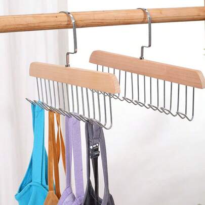 Wooden Strap Hanger Multifunctional Underwear & Tank Top Storage Organizer, Solid Wood Hook Wave Drying Rack For Home And Dorm, Random Color