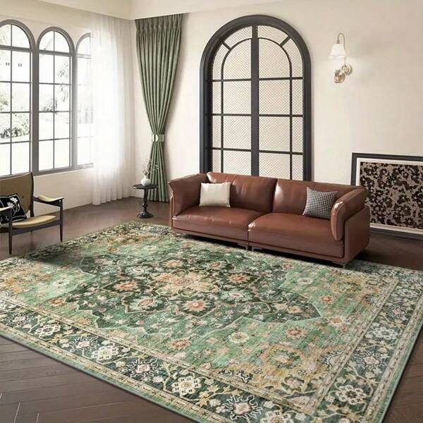 Plush Vintage Deer Green Rug, Suitable For Bedroom, Washable Bohemian Style Vintage Oriental Rug, Suitable For Living Room And Dining Room, Featuring Low Pile Distressed Print Design