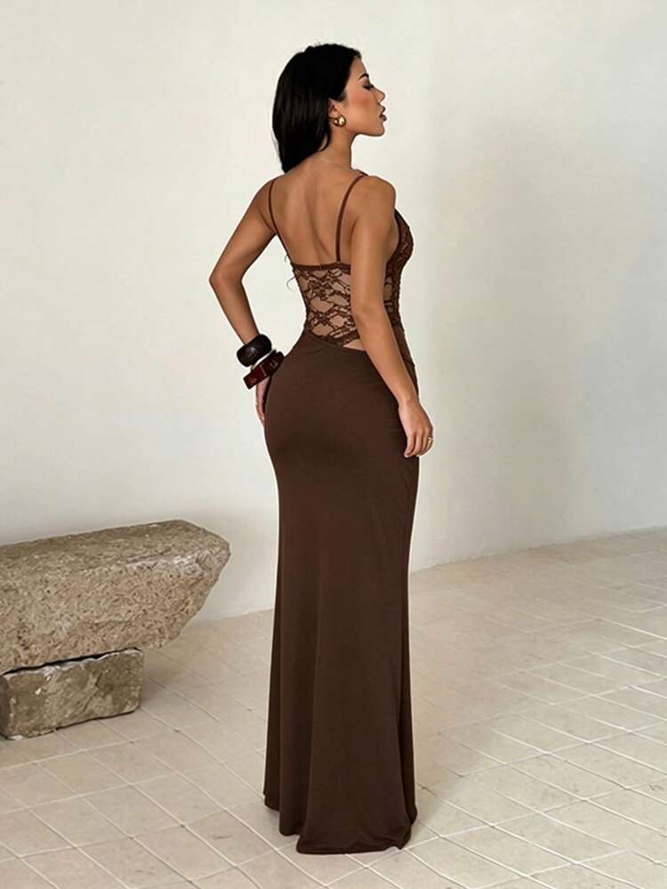 Summer, Elegant Party Dress, Sexy Lace Patchwork Beach Dress, Women's Vacation Wear, Wedding, Birthday, Festival, Back To School - Brown - View 4