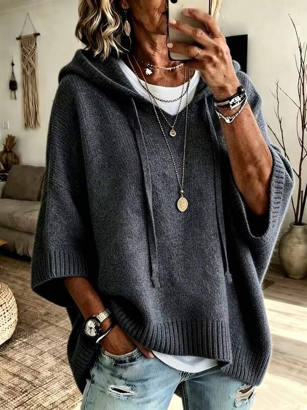 Women's Grey Solid Color Loose Knit Hooded Top