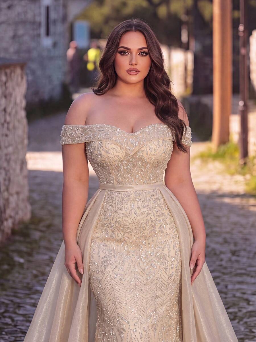 Faeriesty Plus Size Beaded Open Shoulder Mermaid Evening Gown, Adjustable Back Tie Closure, Flowing Side Draping Design Party Wedding Fall - Champagne - View 1