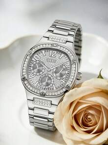 GUESS Silver Steel Bracelet Full Pave Crystal Dial Bezel Inlaid Rhinestone Chronograph Ladies Watch GW0558L1 - Silver - View 9