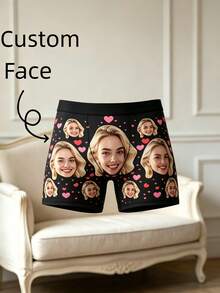 Men's Custom Blonde Female Face & Scattered Pink Heart Print Black Polyester Boxer Briefs, Romantic Couple Gift & Daily Underwear - Multicolor - View 5