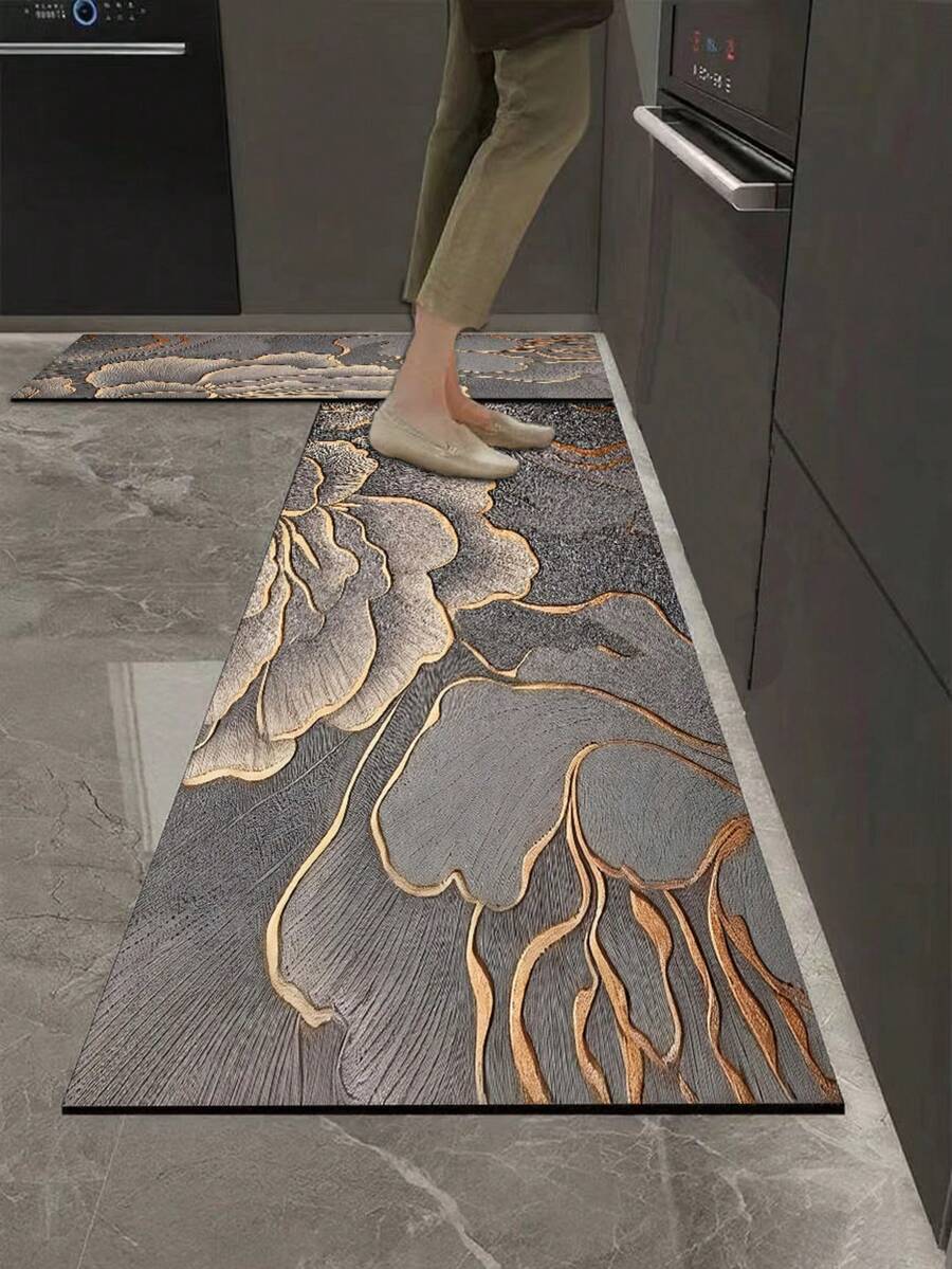 1件 3D金箔花卉紋理矽藻土廚房地墊,橡膠底防滑耐污,3.5mm可修剪,適用於廚房、浴室、洗衣房,營造新中式居家氛圍 - 彩色 - 查看 1