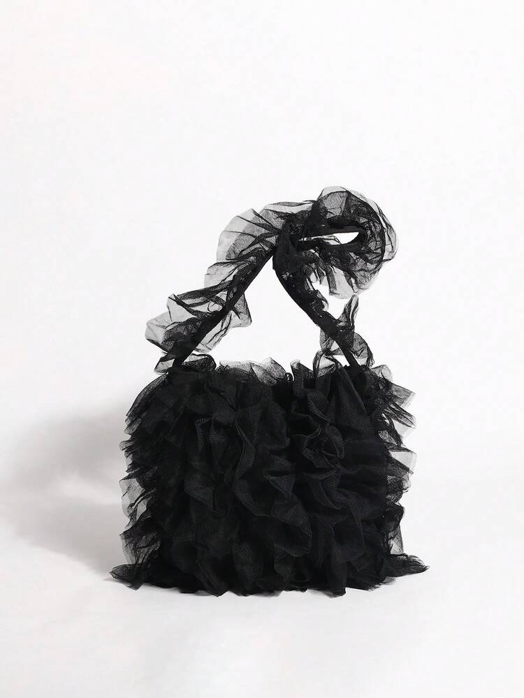 1pc Black Mesh Ruffle Tassel Pleated Princess Style Cake Skirt With Shoulder Bag - Black - View 4