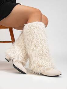 Women's Wide Calf Long Fur High Boots, Pointed Toe Chunky Heel Zipper Design, Beige High Heel Wide Calf Long Boots, Slimming High Boots - Beige Wool - View 7