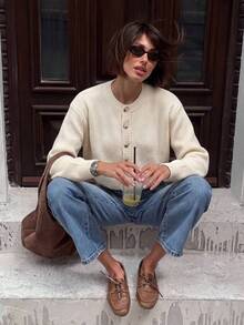 Fall/Winter Milk White Casual Knit Cardigan, All-Match Versatile Gentle Elegant Going Out Top - Light Yellow - View 6