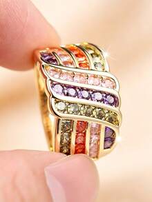 1 Stylish Colorful Mixed-Stone Layered, Openwork, Wide-Band, Interlaced Zirconia Ring For Women-An Eye-Catching, Unique Ring Perfect For Party Outfits - Golden Yellow + Color - View 10