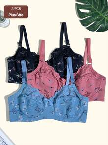 3pcs/Set Sujetador sin costuras con estampado fresco, con aro, soporte lateral, tirantes ajustables, cómodo para uso diario, talla grande para mujeres - Multicolor - Ver 1