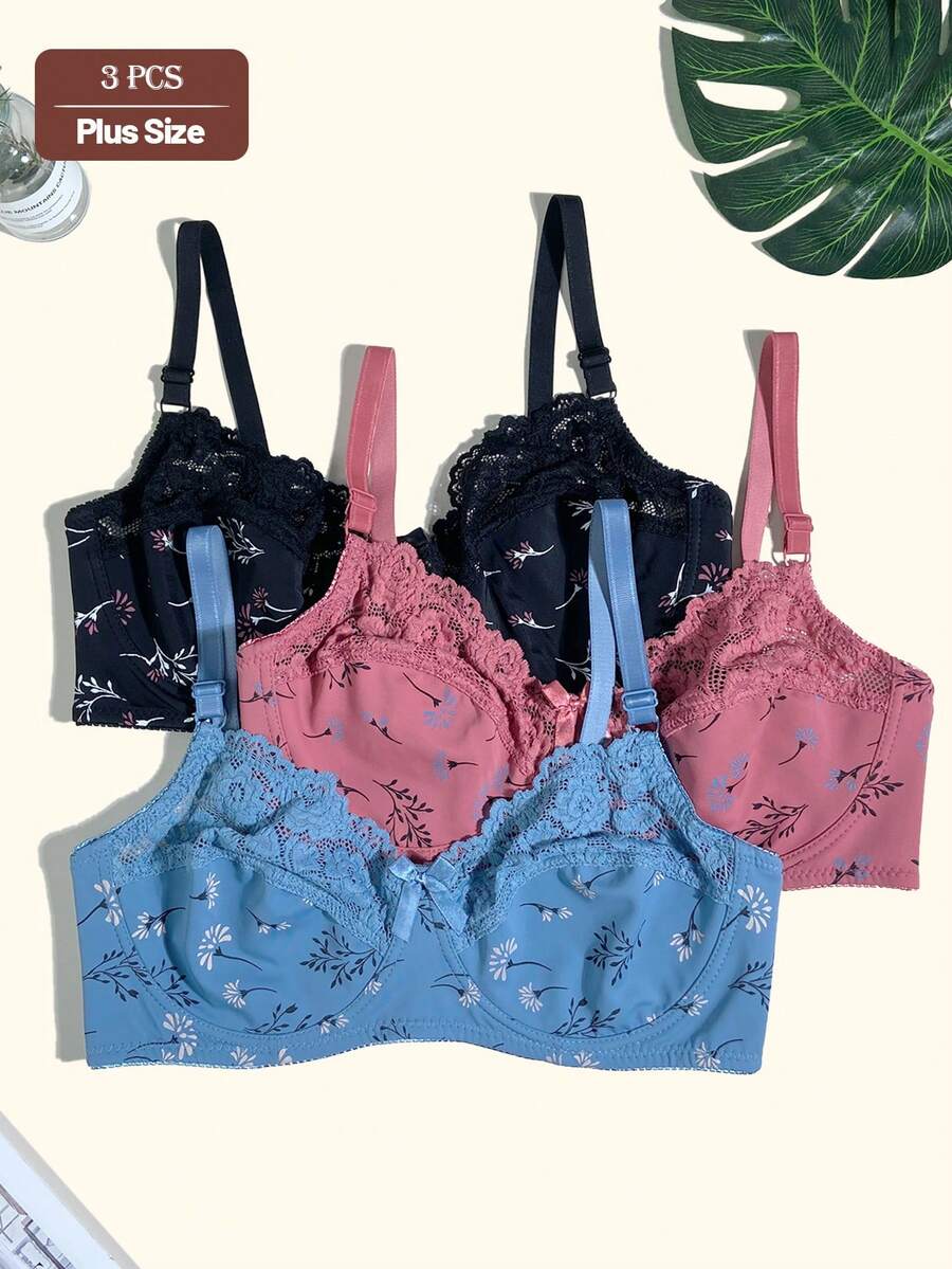 3pcs/Set Sujetador sin costuras con estampado fresco, con aro, soporte lateral, tirantes ajustables, cómodo para uso diario, talla grande para mujeres - Multicolor - Ver 1