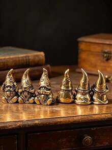 Vintage Distressed Brass Three Wise Monkeys Gnome Figurine, See No Evil Hear No Evil Speak No Evil Creative Desktop Copper Decor, Mini Fairy Tale Dwarf Statue, Study Tea Table Office Desk Collectible, Bedroom Bookshelf Coffee Shop Gift, Carved Pointed Hat Long Beard Design, Versatile Retro Miniature Desktop Landscape Decoration - 1PC - View 6