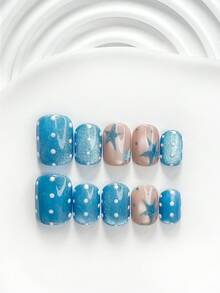 10片裝極簡手工穿戴甲，Poly Gel 凝膠美甲套組，波點與星星圖案，藍色指甲油，低調風格，附美甲工具，3種尺寸可選：方形、短方形、杏仁形，適合派對、跳舞、日常穿戴 - 彩色 - 查看 14