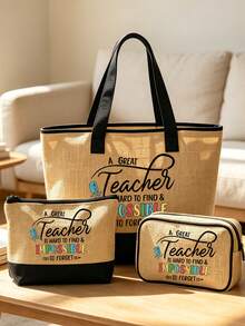 教師節禮物，女士沙灘托特包套組，「Teach」圖案沙灘配件帆布包，單肩包，手提包，亞麻化妝包，方形文具包，適合春夏沙灘度假與戶外婚禮，生日，節日，送給女性、媽媽、老師、朋友、伴娘、學生的好禮，返校季，大容量包，送給朋友的個性化生日禮物，教師節禮物，返校必備用品 - 彩色 - 查看 10