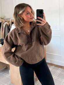 Women's Lightweight Fleece Pullover Jacket Cropped Fall Winter Fuzzy Sherpa Jacket Sweatshirt Coat With Pockets - 咖啡棕 - 查看 4
