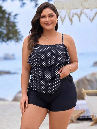 Swim Lushoire Women Plus Size 2pcs Striped Printed Supportive Adjustable Strap Casual Holiday Summer Beach Vacation Tankini Swimwear