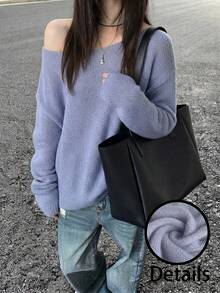 Sweater Pullover Rajut Bahu Terbuka Wanita, Atasan Rajut Bergaris Asimetris Lengan Panjang, Elastisitas Sedang, Panjang Reguler, Cocok untuk Musim Semi dan Gugur - Mauve Purple - View 5