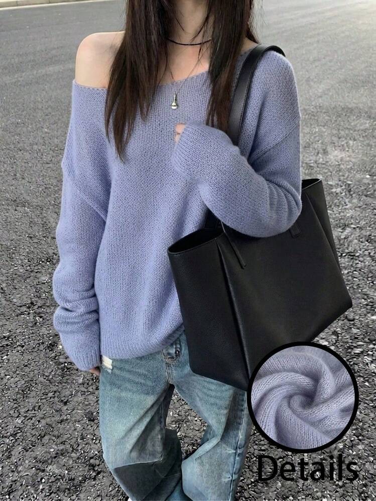 Women's Off-Shoulder Knit Pullover Sweater, Long Sleeve Asymmetric Ribbed Knit Top, Medium Stretch Regular Length, Suitable For Spring And Autumn - Mauve Purple - View 5