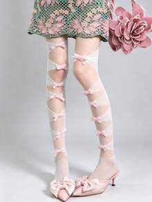 STAR RIVER 1 par de calcetines de red calados con lazo dulce hasta la rodilla, medias sexys Y2K/Goth/Lolita, vuelta al colegio. - Multicolor - Ver 3