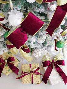 Multi-Size Burgundy Y-Grade Christmas Tree Velvet Ribbon, Red And Gold Metallic Edge, Satin DIY, Suitable For Holiday Decor, New Year, Valentine's Day, Christmas Tree Decoration, Gift Bow Packaging Handmade - Multicolor - View 6