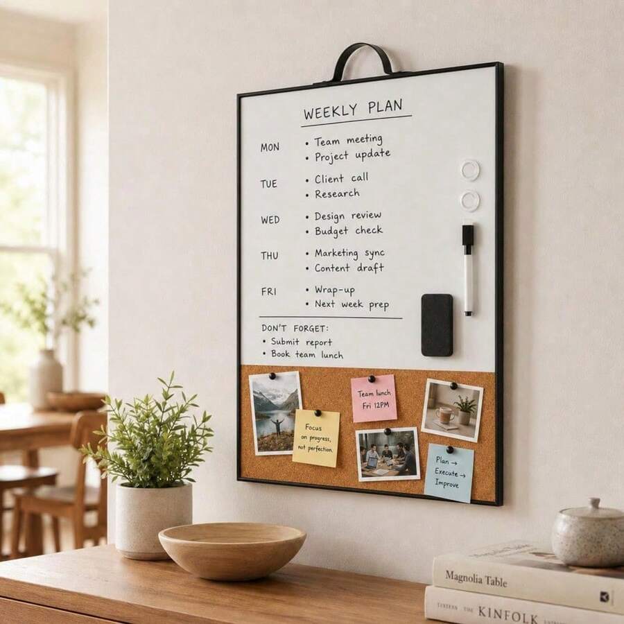 Shoze Magnetic Whiteboard With Frame & Handle, Lightweight Dry Erase Note Board For Kitchen, Office & School - With Corkboard - View 1