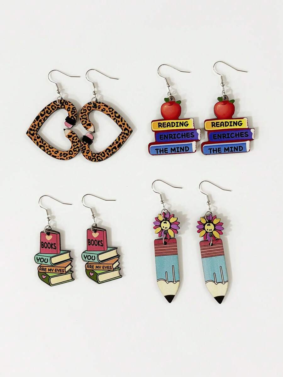 4Pairs/Set Casual Wood Letter Apple Pencil Sunflower Printed Drop Earrings For Women Girls For Students Back To School Season Or Teacher's Day Jewelry - Multicolor - View 1