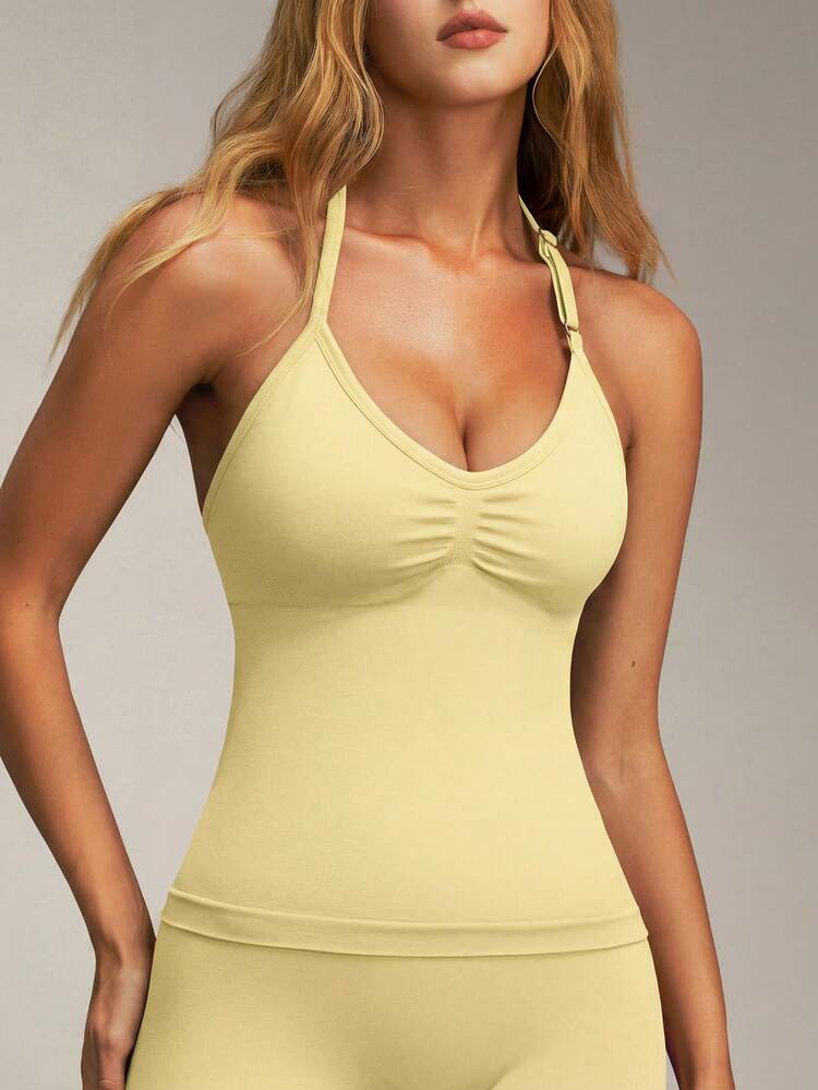 VVX Women Halter Tank Top, Ruched Bust, High Stretch Open Back Sports Vest, Breathable Fashion Versatile Camisole For Yoga Gym Outdoor Daily Casual Wear - Yellow - View 1