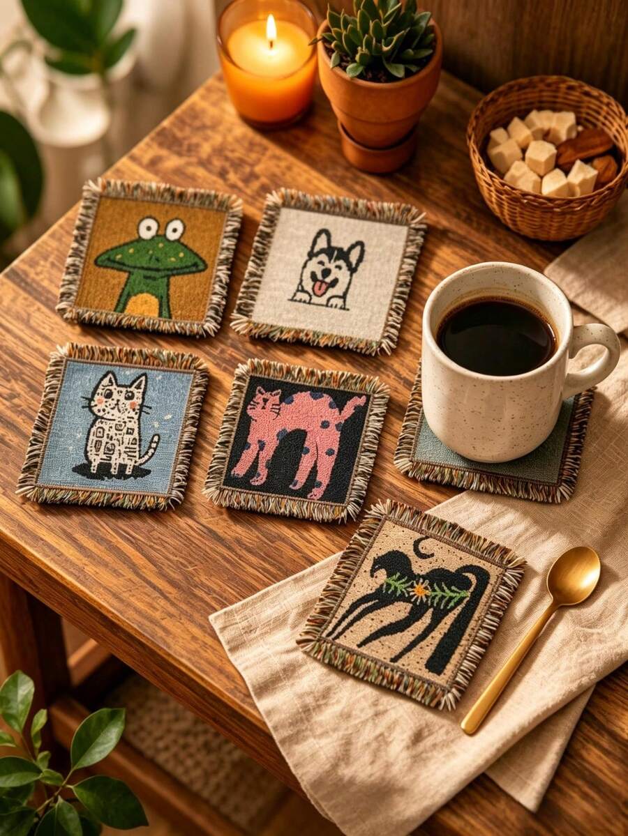 1pc Boho Woven Square Coaster With Tassel Fringe, Vintage Cartoon Pattern Heat Resistant Non-Slip Drink Cup Mat, Aesthetic Table Ornament, Reusable Coffee Tea Mug Pad, Holiday Gift For Christmas Halloween Thanksgiving, Home Kitchen Dining Room Decor