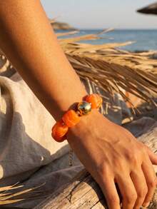 1/2pcs Summer Beach Vintage Orange Beaded Necklace Bracelet Earrings Heavy Exaggerated Jewelry Set Colorful Jewelry Suitable For Women's Daily Commute, Friends Gathering, Fashion Photography, Banquet Decoration, Vacation Decoration Charming Jewelry Gift - D Orange - View 8