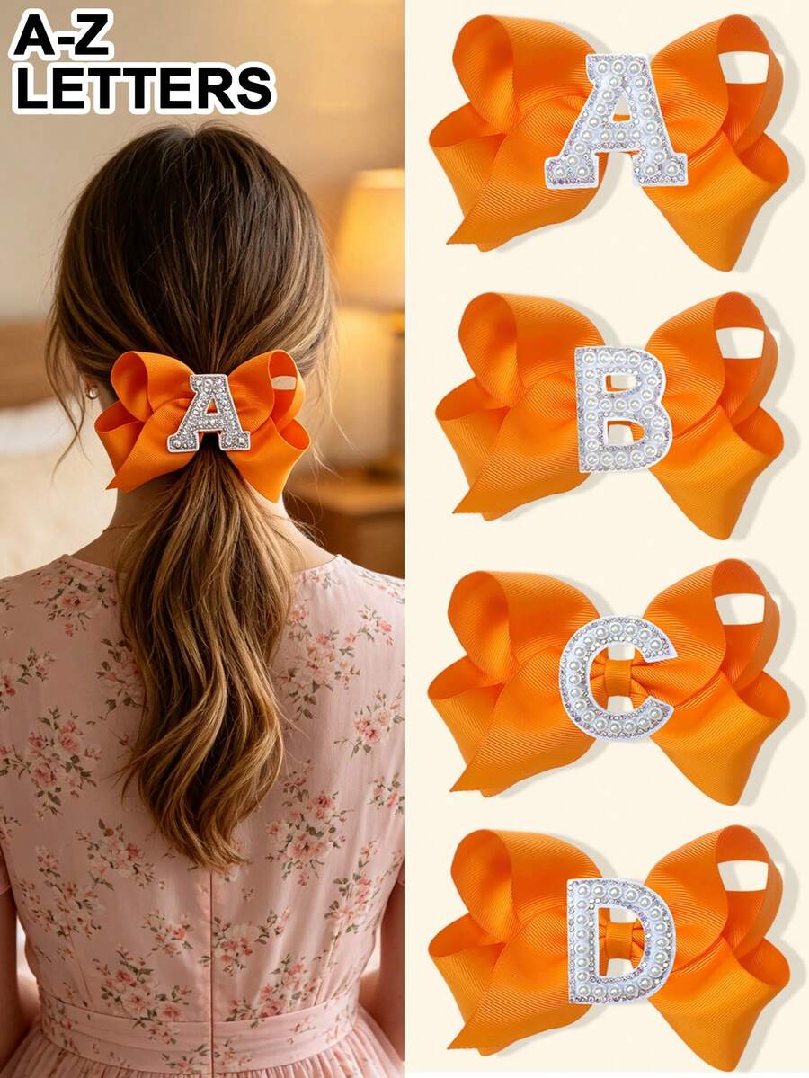 1pc 5-Inch 26 Letters A-Z Pearl Alphabet Personalized Hair Accessories, Back To School Headband, Girls Hair Clips, Teenage Girls Hair Accessories, Holiday Party School Graduation Hair Clips, First Day Of School Classroom Girls Student Teenage Hair Accessories - 橘色 - 查看 1