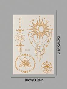 3件組金色箔海娜風格紋身貼紙，太陽、月亮、星星神祕復古元素3D金屬質感貼紙，防水持久臨時紋身貼紙，身體裝飾 - 金色 - 查看 11