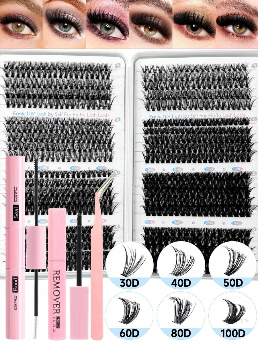 770pcs D Curl DIY Cluster Eyelash Extension Set, 30D-100D Single False Lashes 8-16mm, Includes Adhesive, Sealer, Remover And Tweezers - Black - View 1